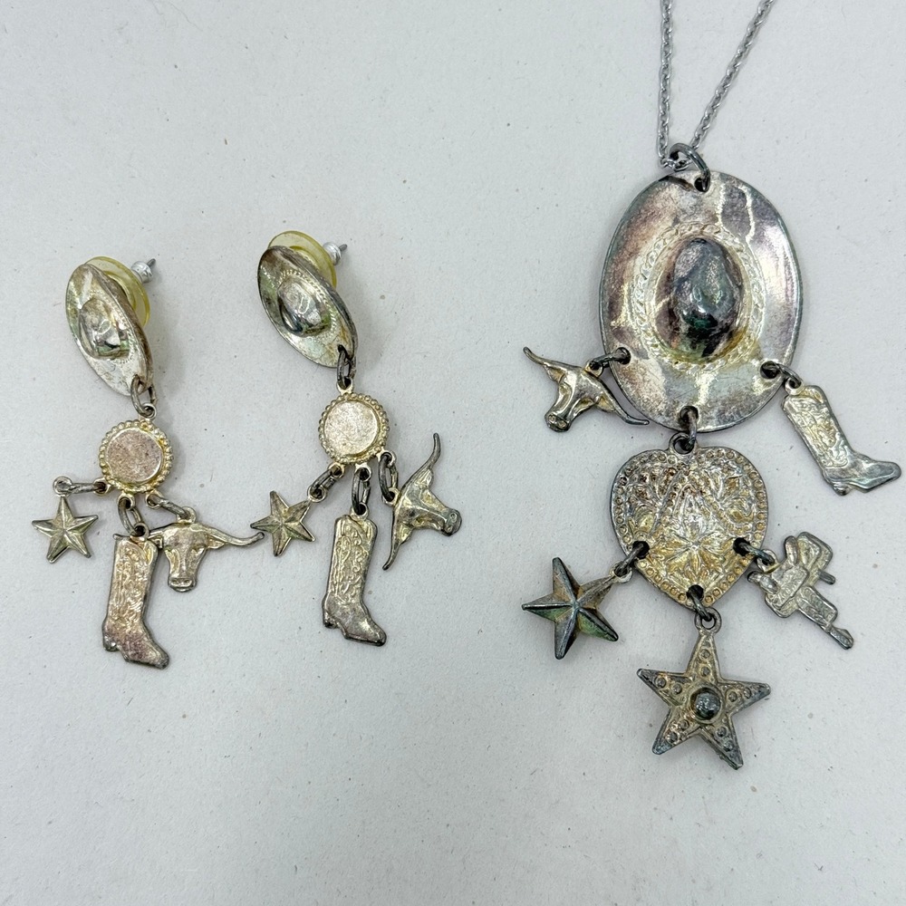 Premier Designs Cowboy Necklace Earrings Set Western Hat Boots Star Silver Tone